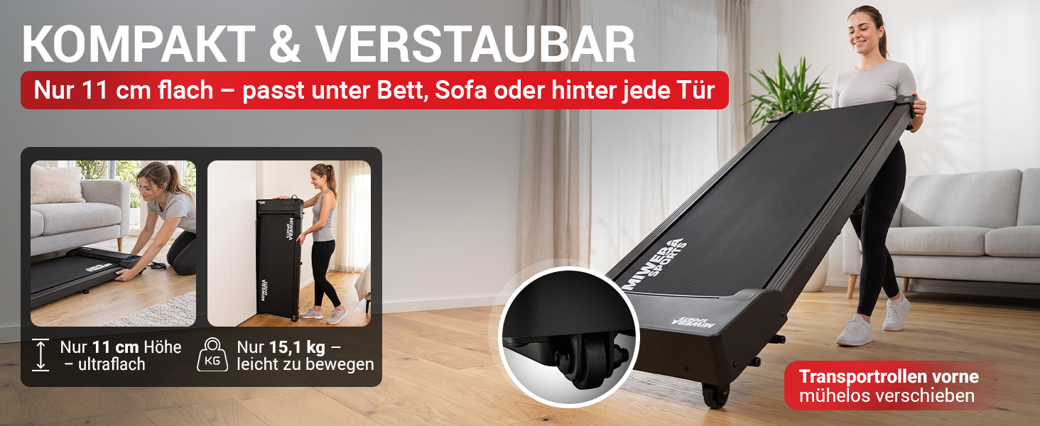 Miweba Sports Laufband – Kompakt & platzsparend Ultraflaches Miweba Sports Laufband mit nur 11 cm Höhe, 15,1 kg Gewicht und Transportrollen zum einfachen Verstauen unter Bett oder Sofa.